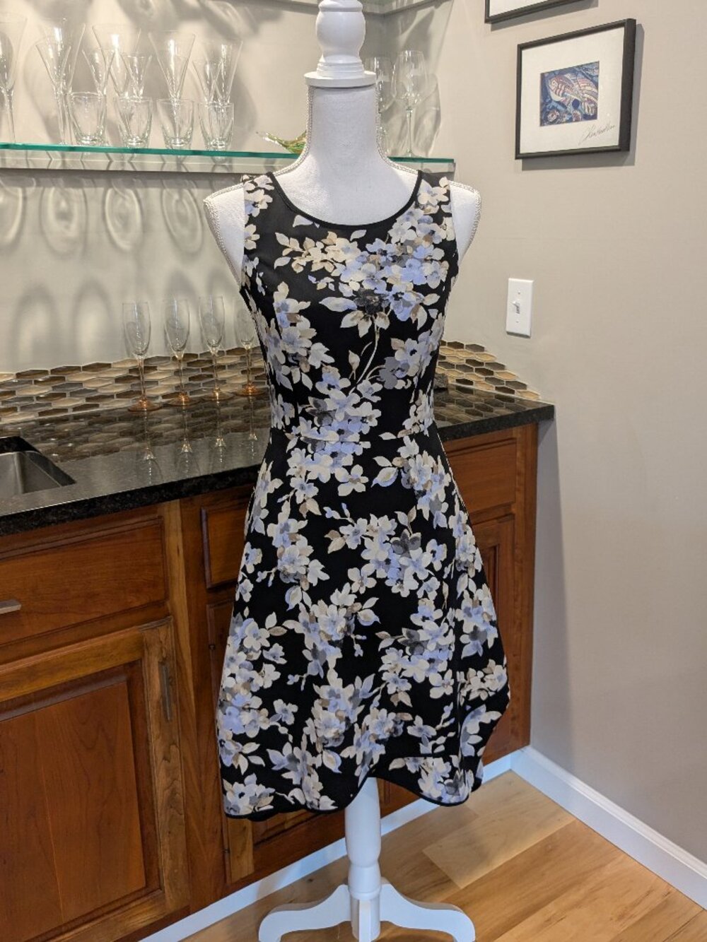 WHBM High Low Sleeveless Sky BlueFloral Office Cocktail Party Fit & Flare Dress